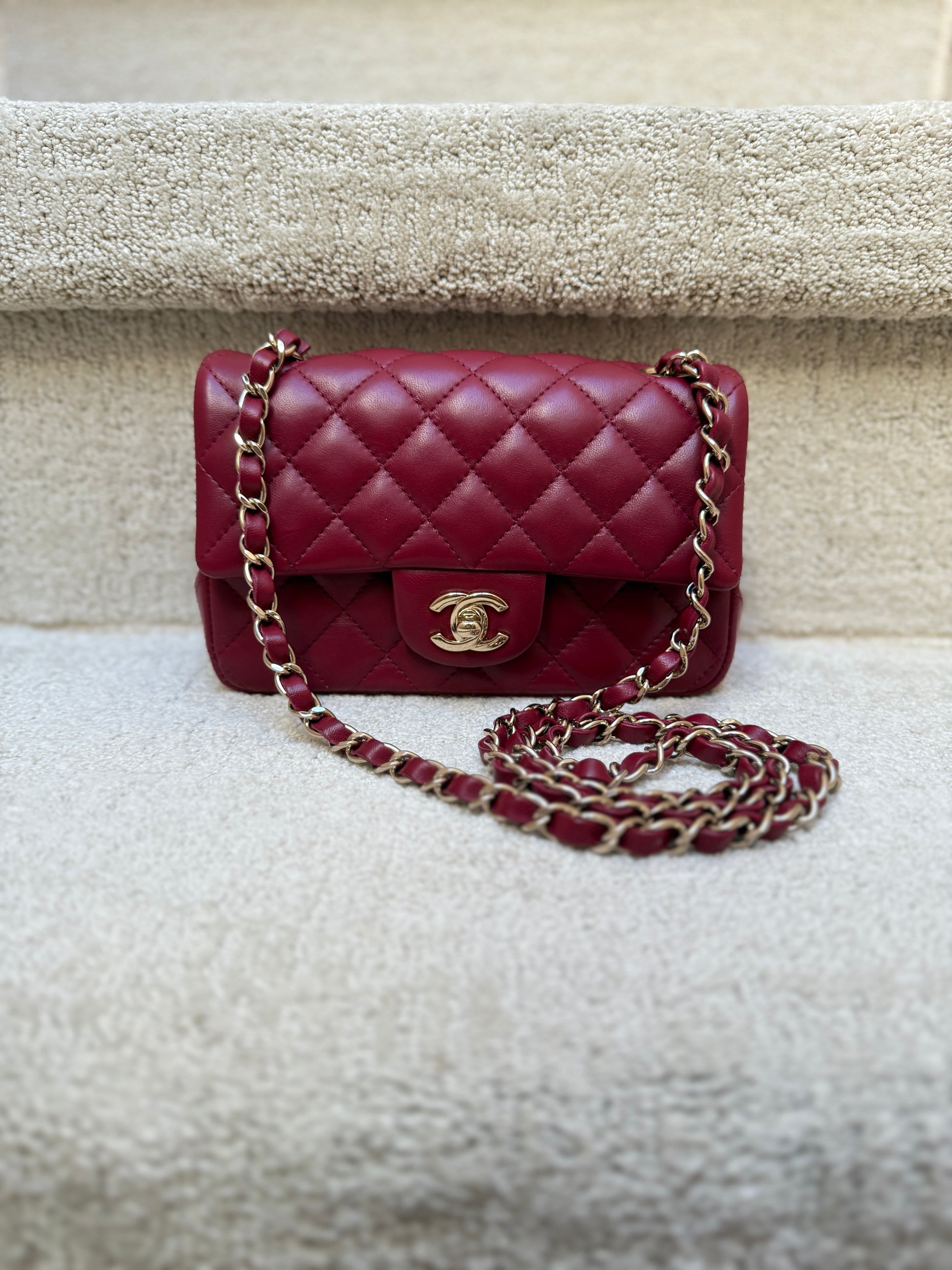Chanel Burgundy class flap mini rectangle in excellent condition preowned from Purseonal Shopper.com