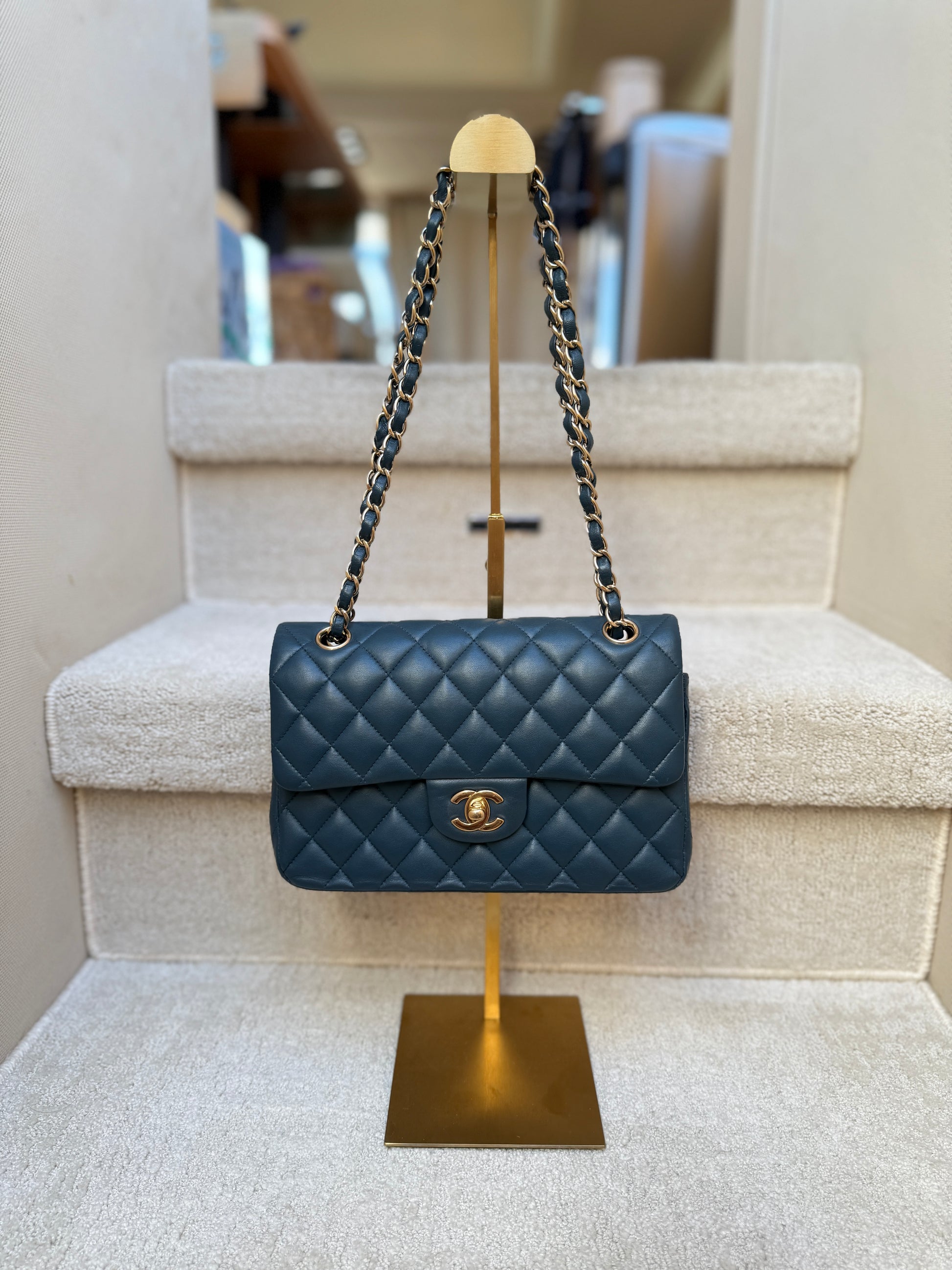 Chanel Classic Double Flap Small Navy and gold lambskin resale consignment purseonal shopper authentic luxury handbags