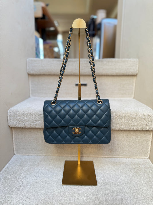 Chanel Classic Double Flap Small Navy and gold lambskin resale consignment purseonal shopper authentic luxury handbags