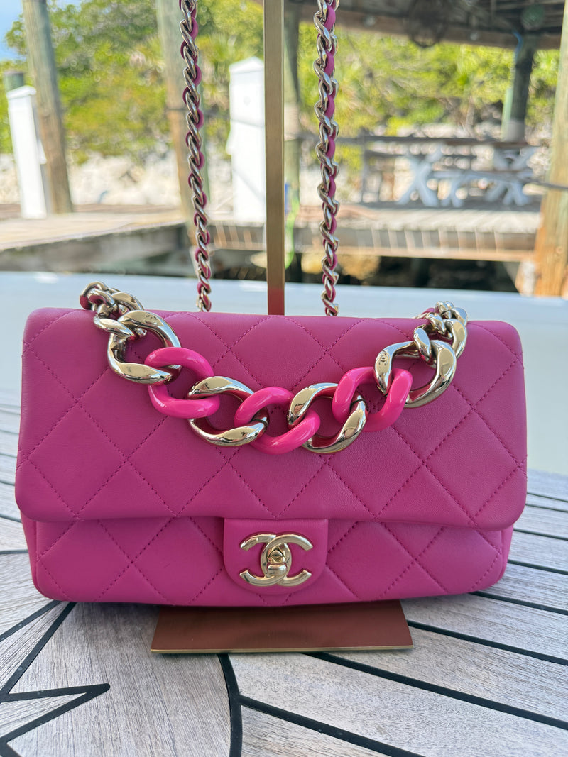 Chanel Elegant chain flap cc bag in hot pink with gold hardware full handbag view