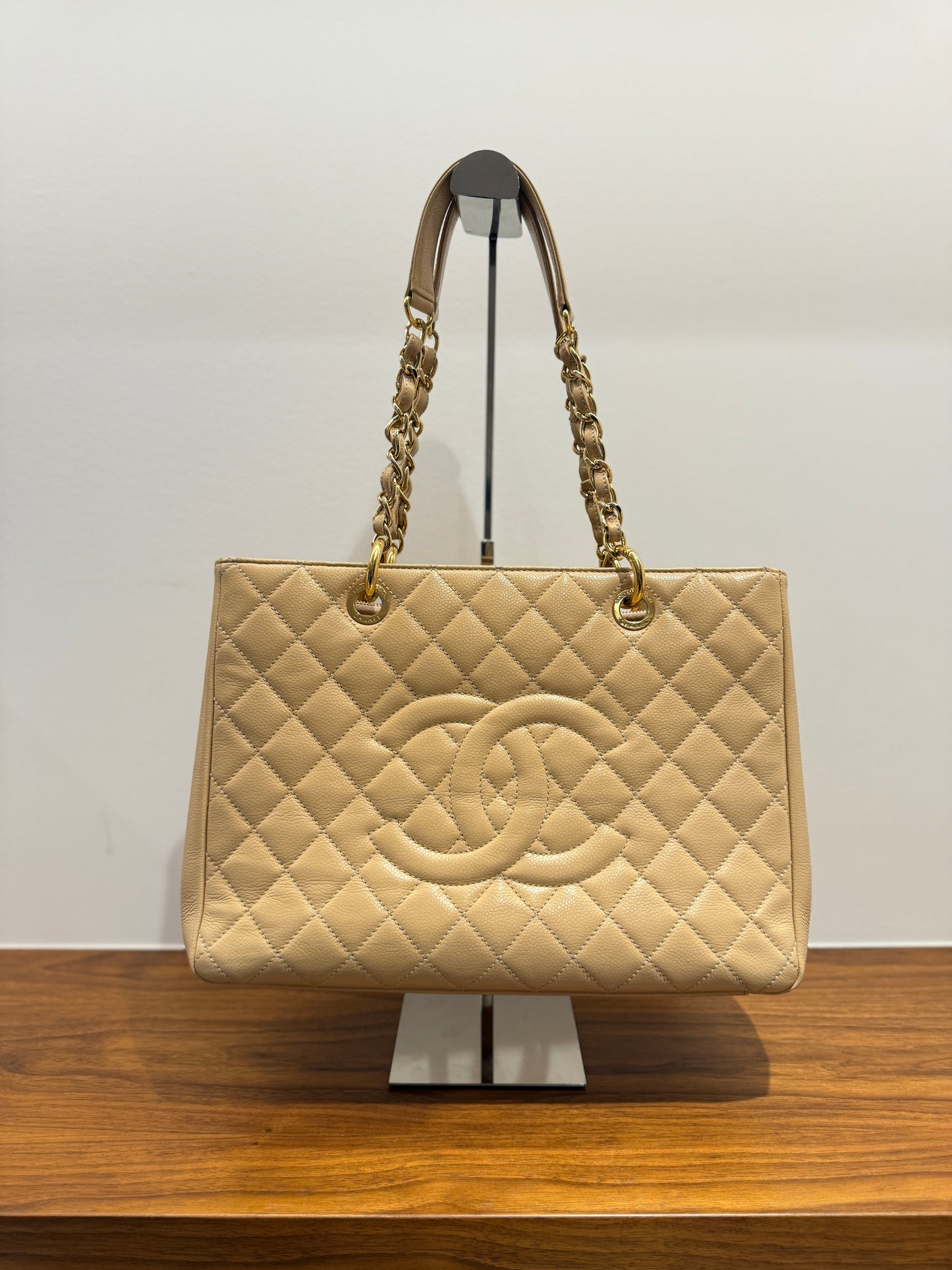 Chanel GST shopping tote in caviar beige leather is authentic and preowned offered for sale from purseonalshopper