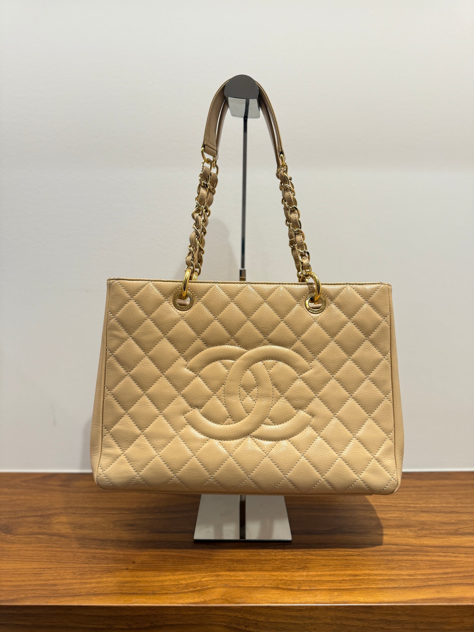 Chanel GST shopping tote in caviar beige leather is authentic and preowned offered for sale from purseonalshopper