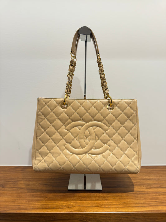 Chanel GST shopping tote in caviar beige leather is authentic and preowned offered for sale from purseonalshopper