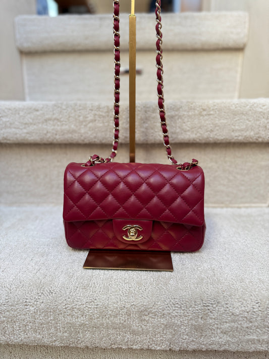 This like new mini rectangle burgundy bag from Chanel is in Like new condition and offered n consignment from purseonal shopper.com
