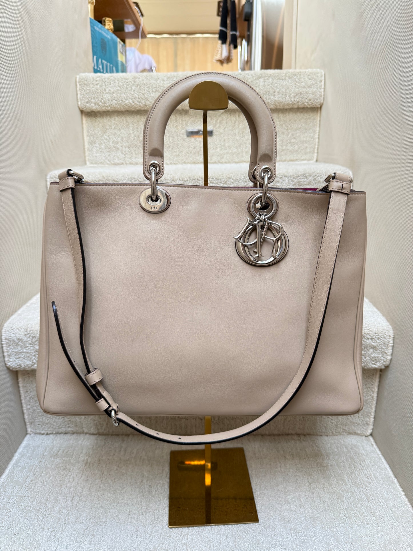 Christian Dior Diorissima Tote in size medium in beige lambskin leather pre-owned authentic from purseonalshopper