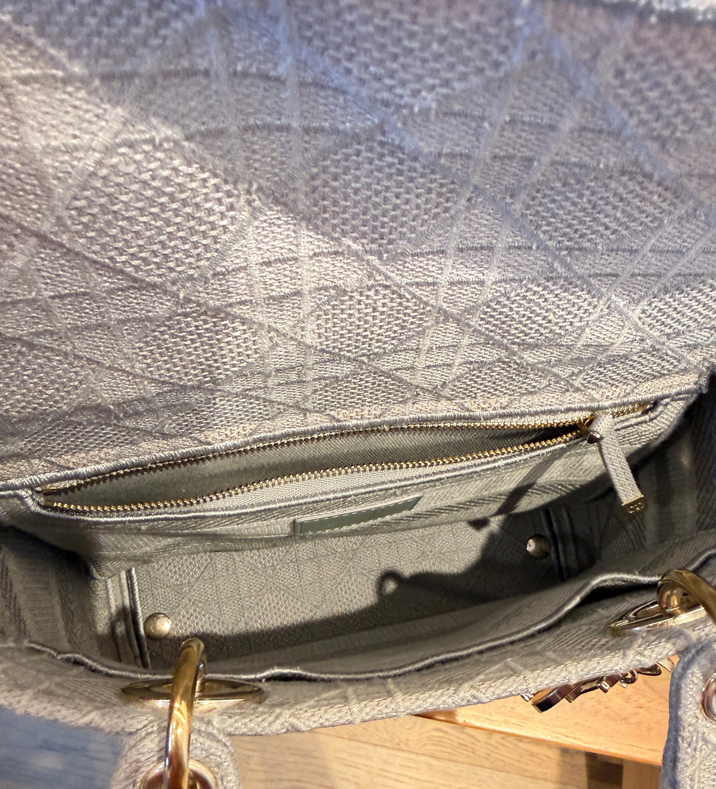Christian Dior Lady Dior Canvas medium grey cannage purse used handbag purseonalshopper