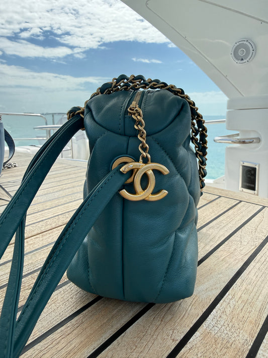 CHANEL Paris-New York Bowling Crossbody/Shoulder Bag in Teal Blue