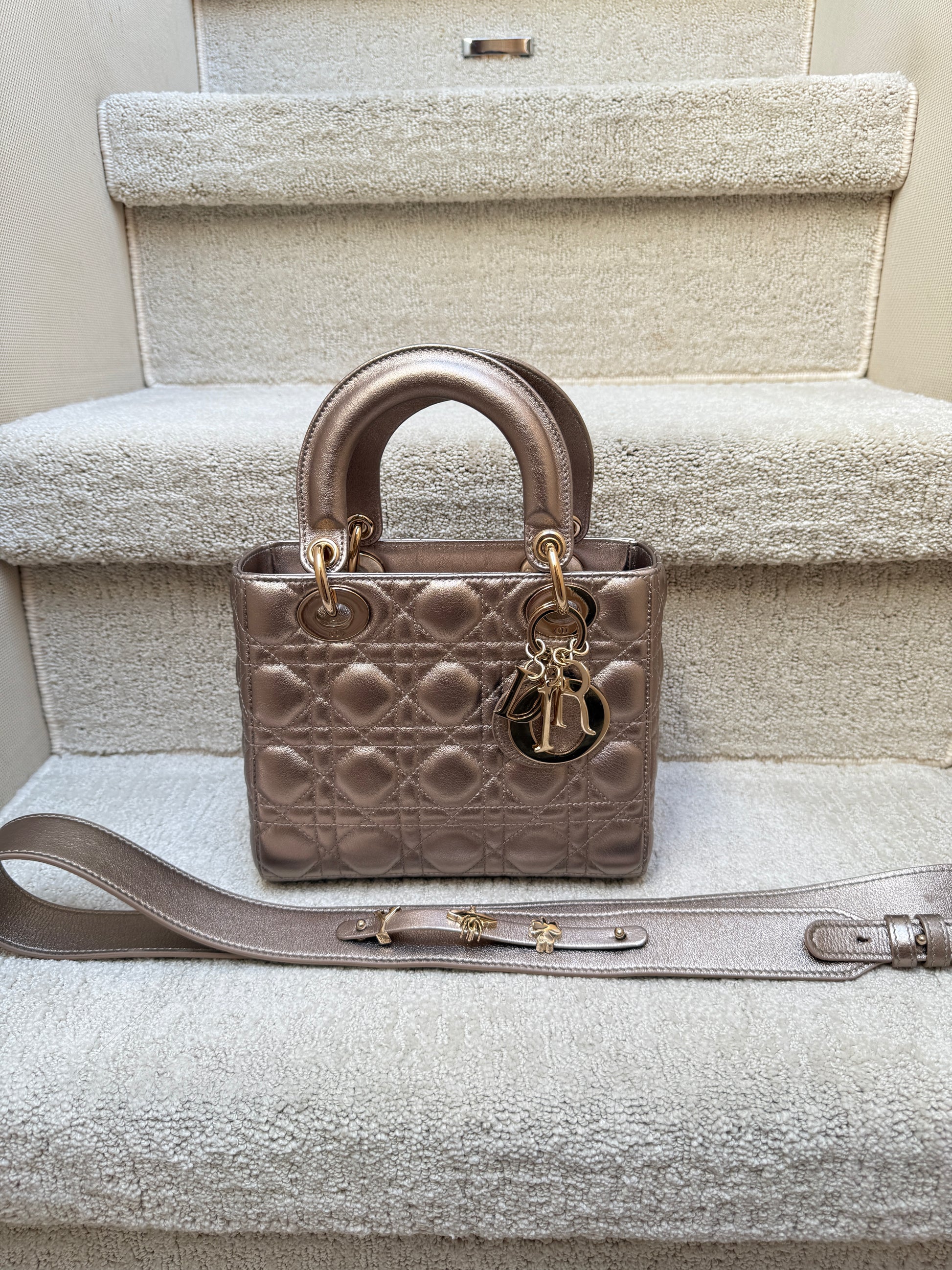 Lady Dior metallic pink double handles and shoulder strap with lucky badges for sale