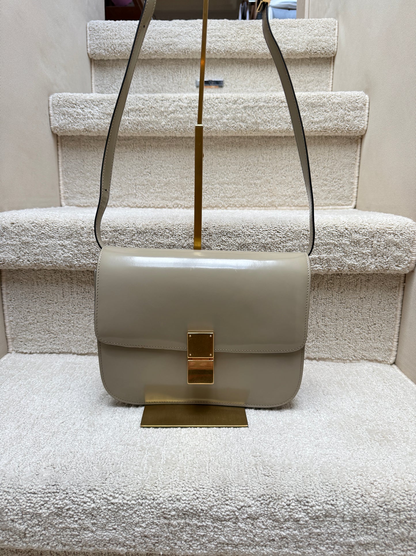Celine Medium Classic Box Flap Bag in Greige Patent Leather Pre-Owned