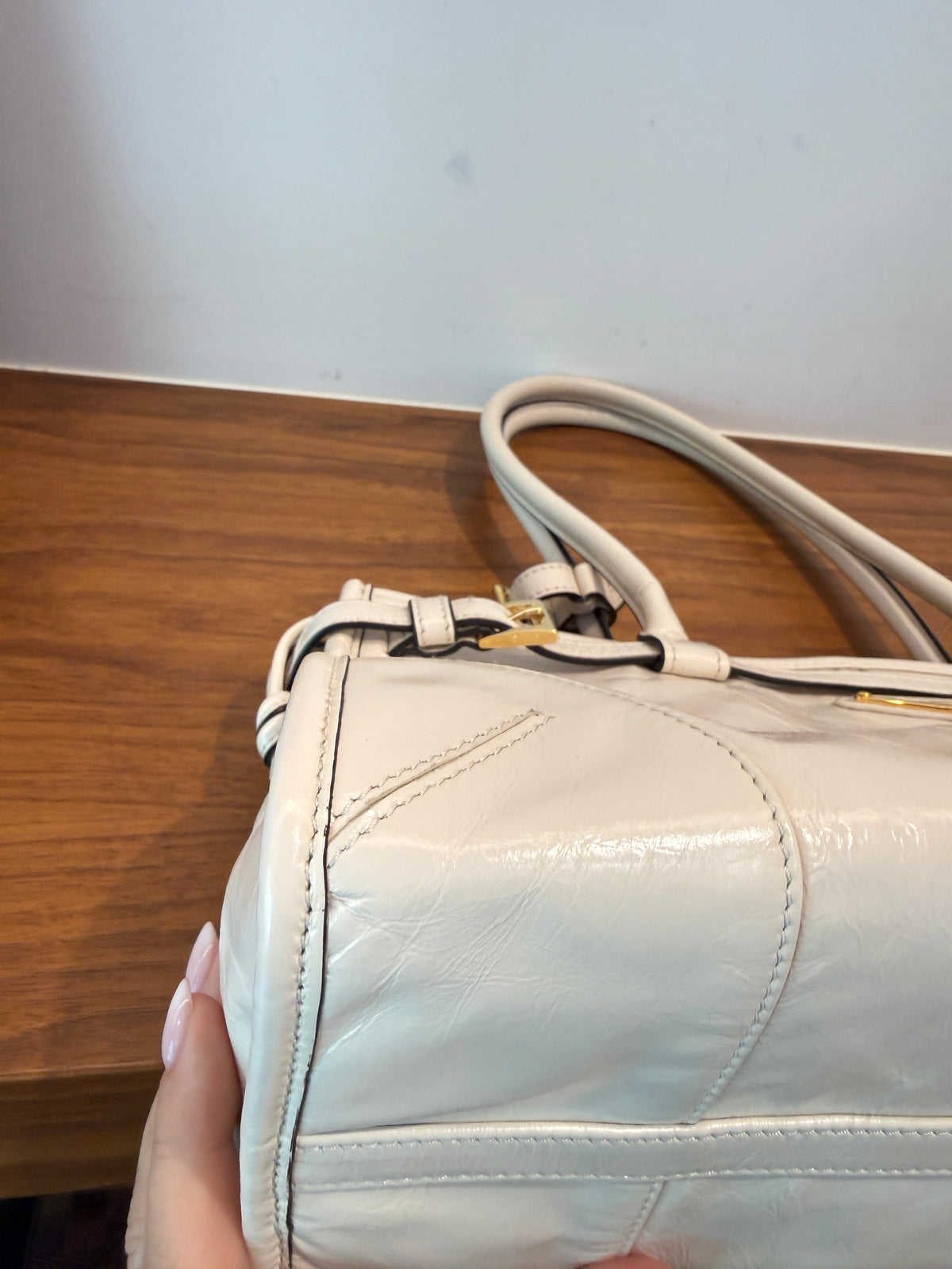 Prada Glossy Calfskin Triangle Medium Bonnie Shoulder Bag in White