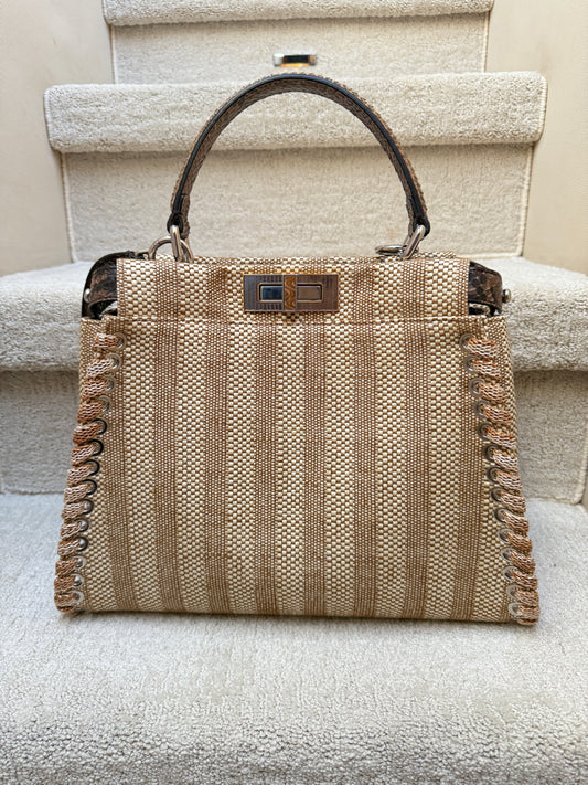Fendi medium peekabook authentic raffia and snakeskin with laceup design with gold and silver accents for sale from Pursoenal Shopper