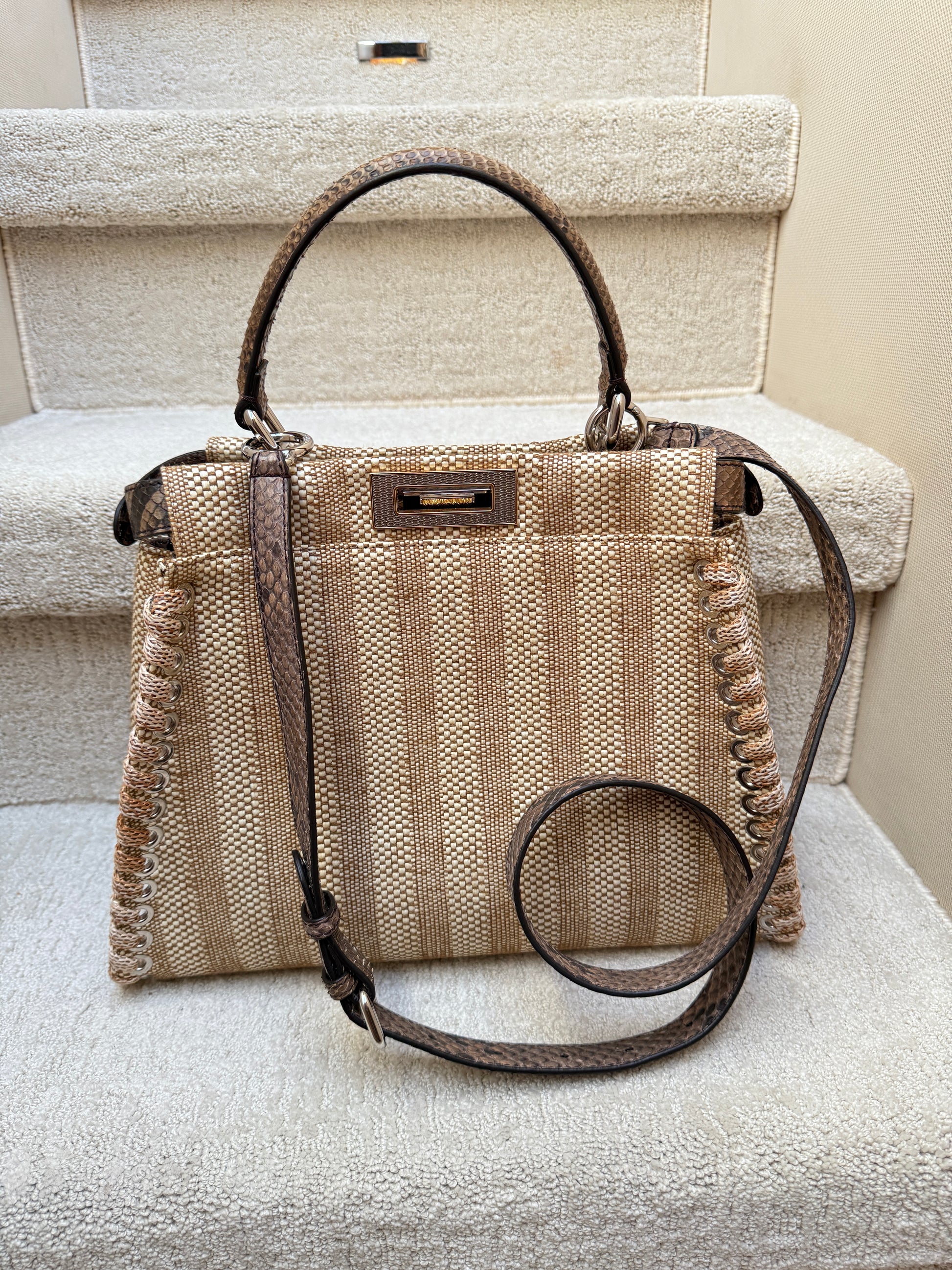used fendi medium peekaboo in raffia and snakeskin from Purseonal Shopper in Excellent condition