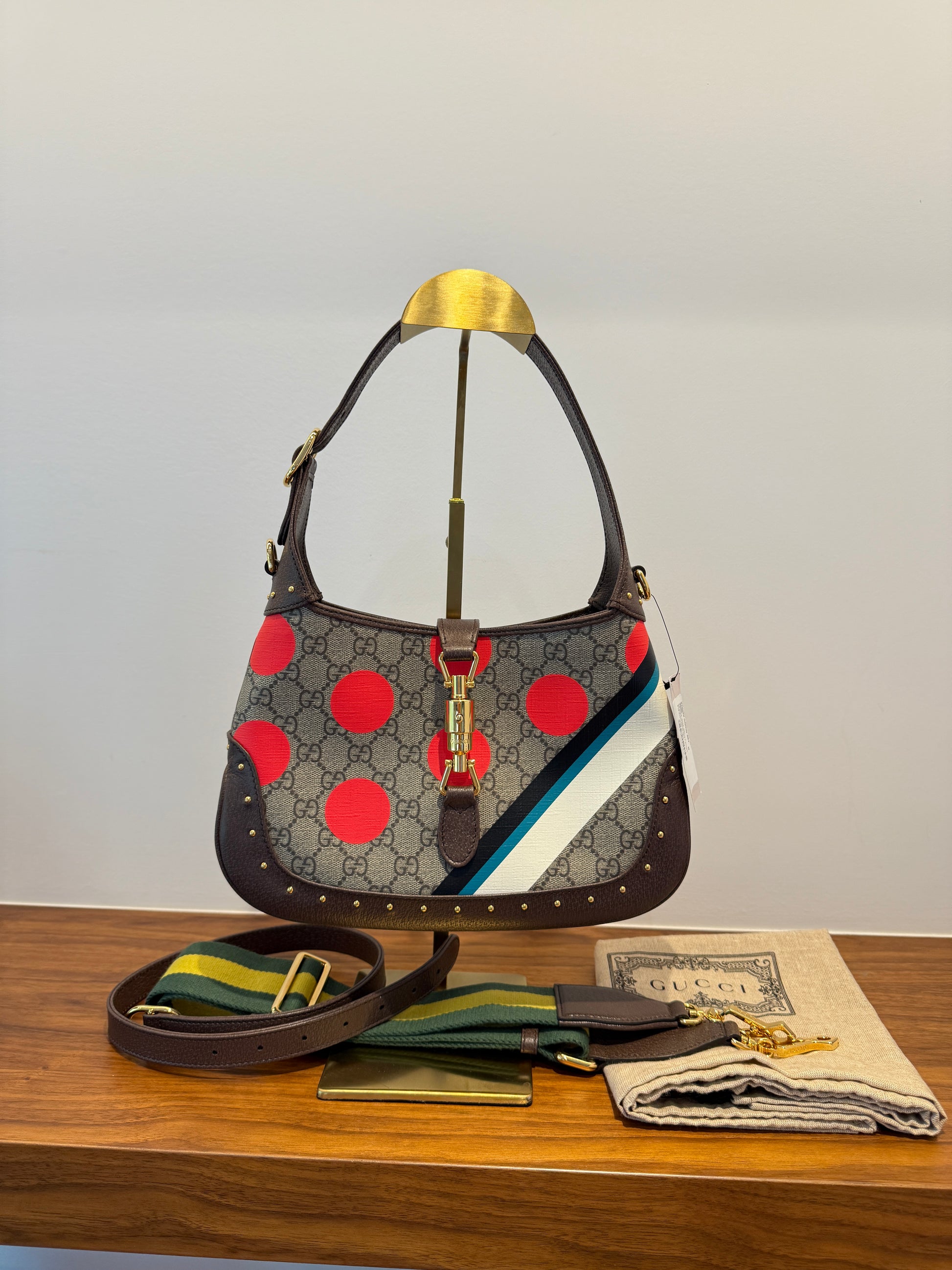 Gucci Jackie handbag 1961 re edition in like new condition with extended shoulder strap and fabric guitar strap from purseonal shopper includes entrupy and dustbag