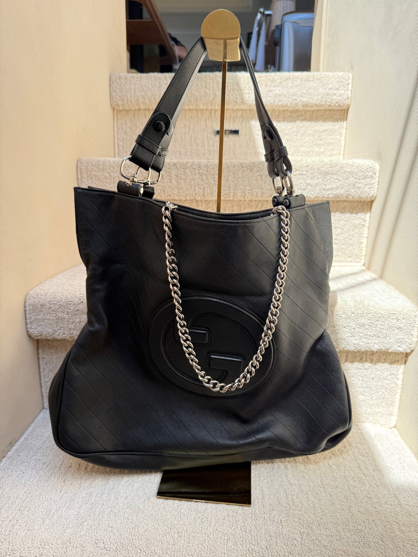 Gucci Sakai Be Green Calfskin Diagonal Stitched Medium Blondie Tote Black