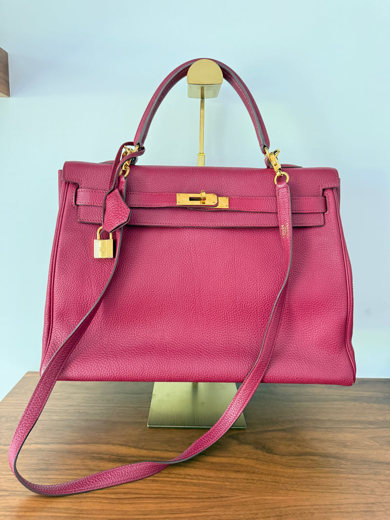 Hermes Kelly 34 retourne in raspberry leather with gold hardware is authentic and pre-owned from Purseonalshopper 