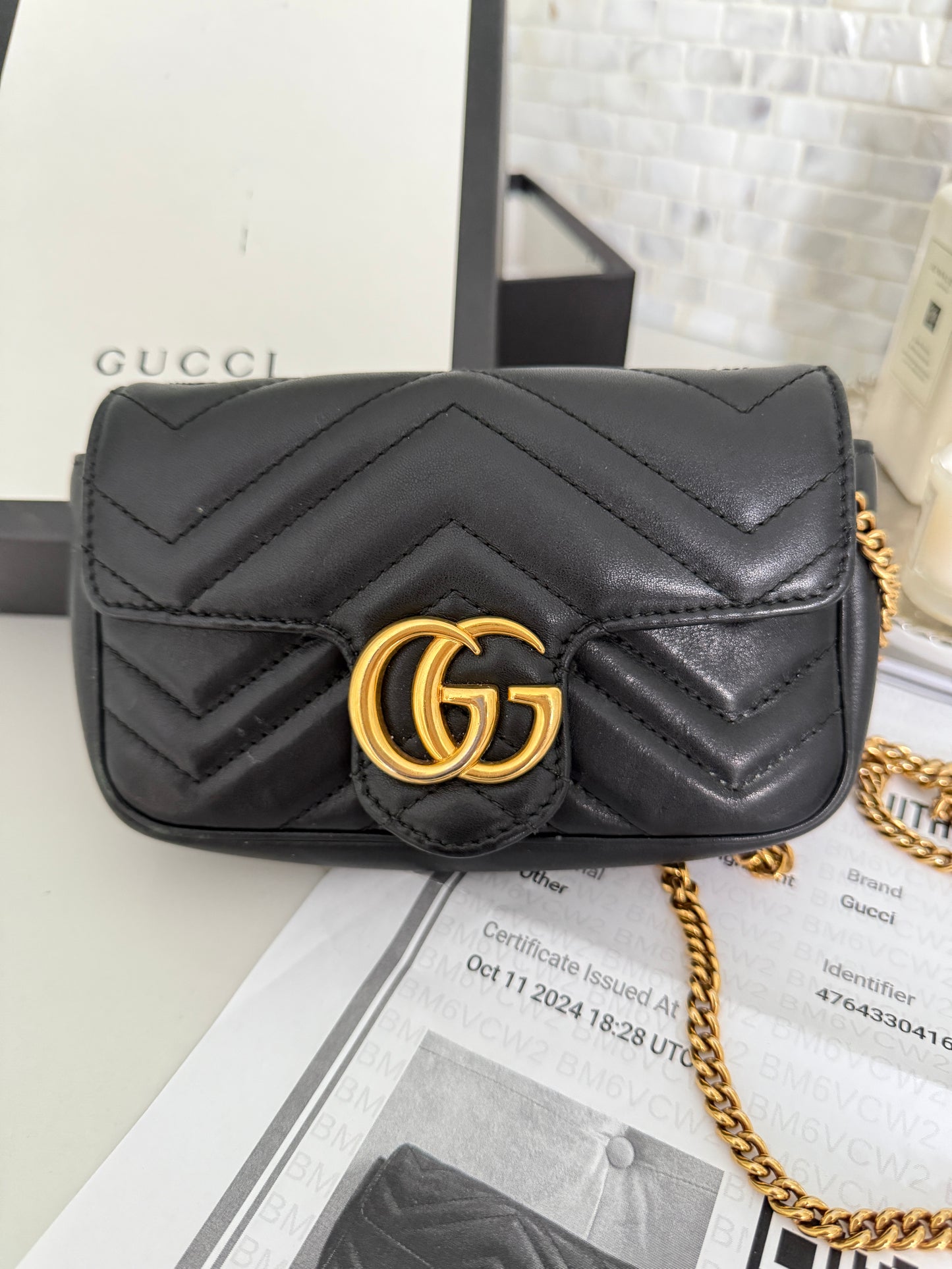 Gucci Calfskin Matelasse Super Mini GG Marmont Shoulder Bag Black