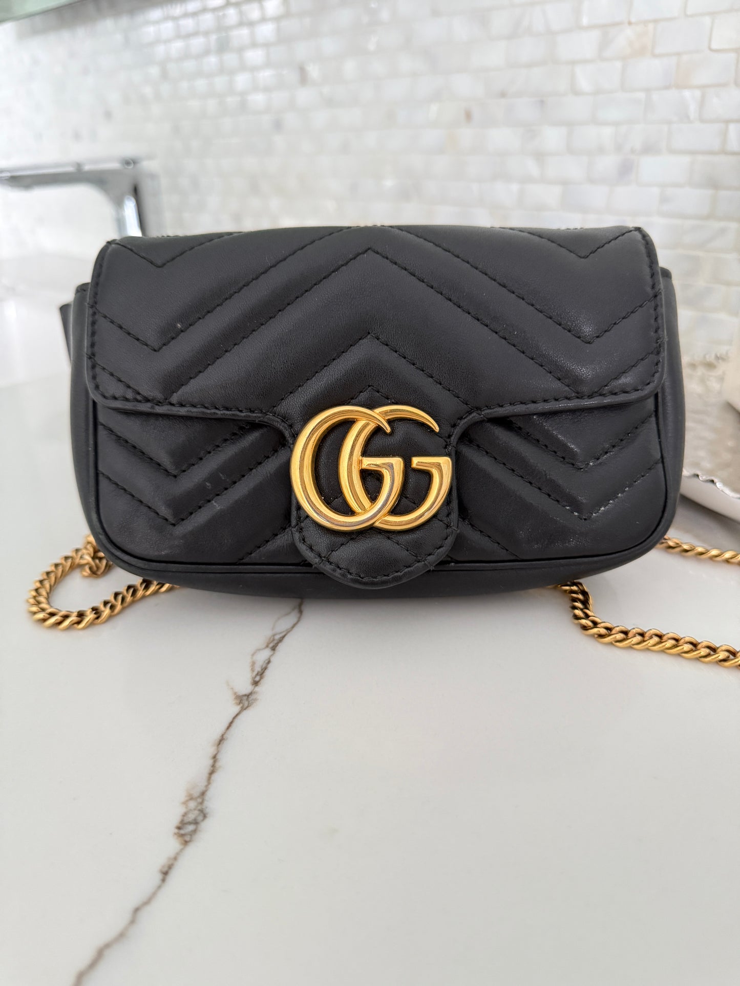 Gucci Calfskin Matelasse Super Mini GG Marmont Shoulder Bag Black