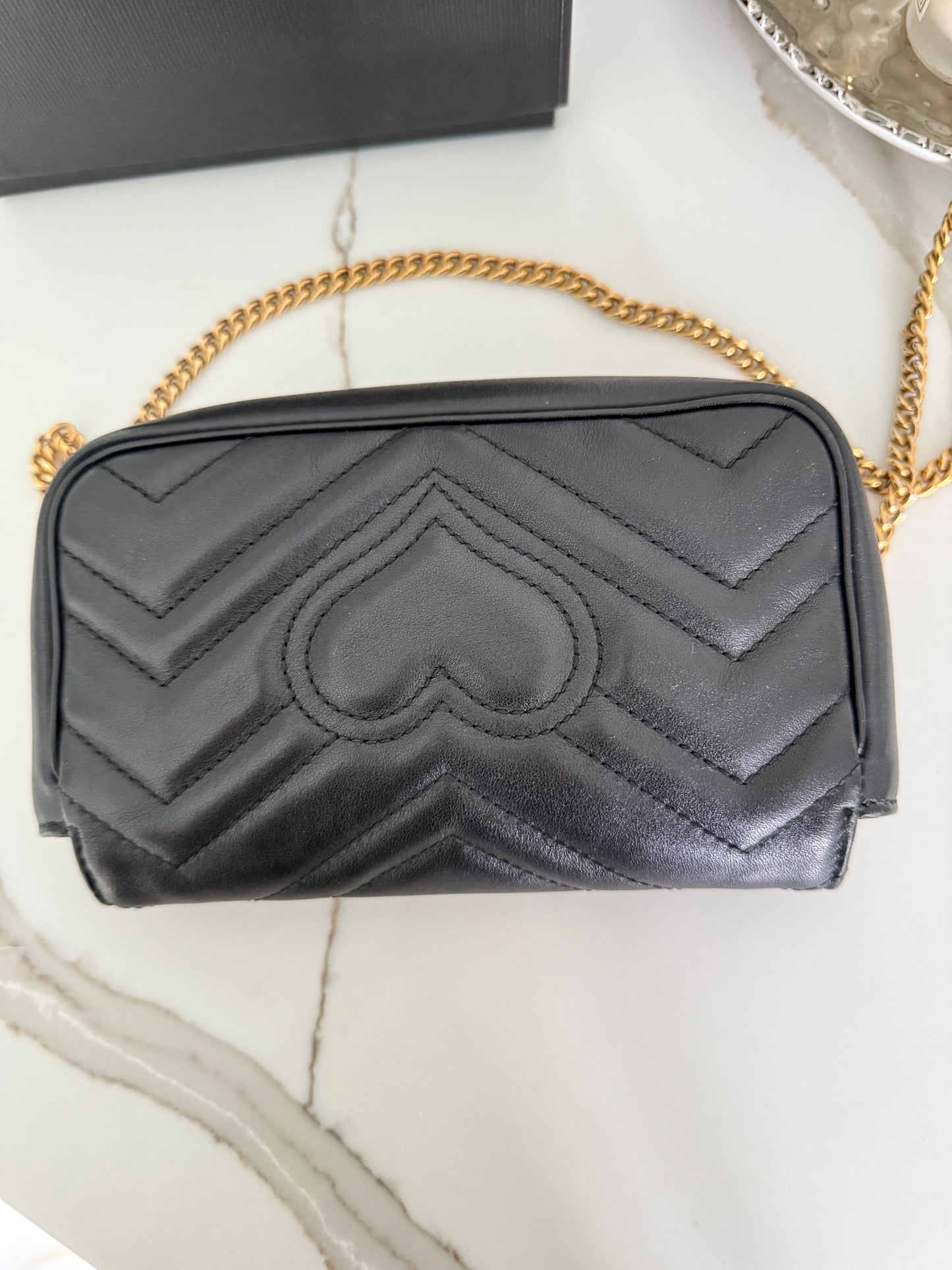 Gucci Calfskin Matelasse Super Mini GG Marmont Shoulder Bag Black