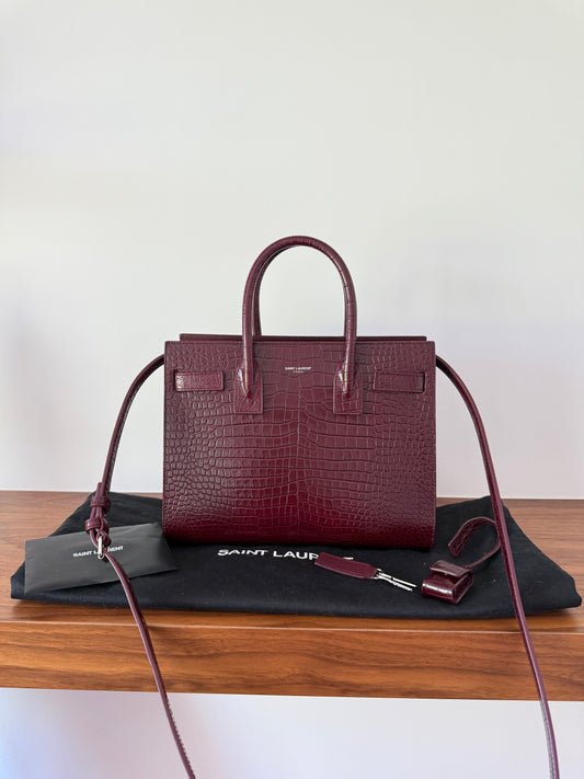 YSL St Laurent Burgundy Crocodile Embossed Leather Nano Sac De Jour w/ Strap