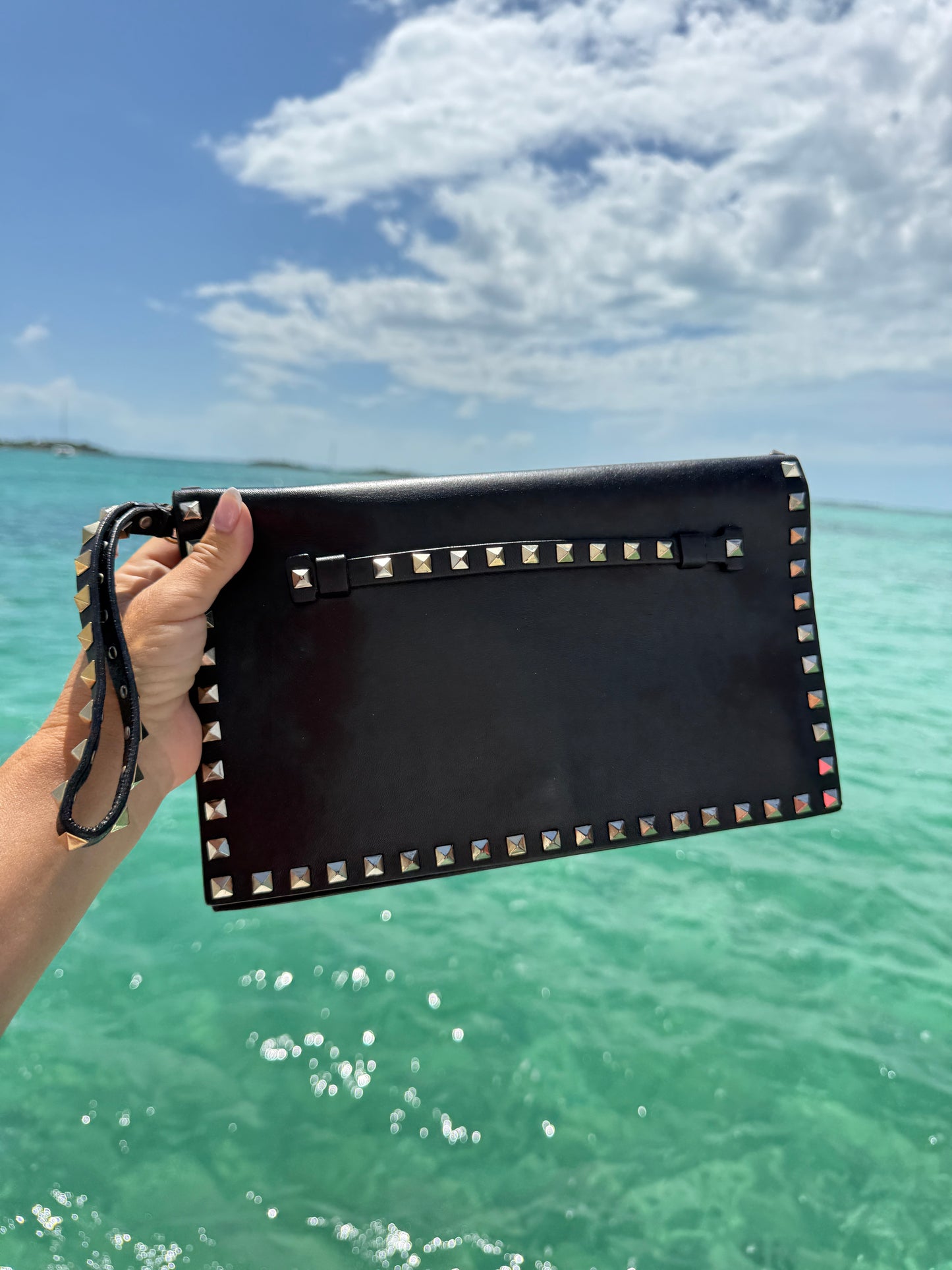 Valentino Garvanni Nappa Watercolor Rockstud Wristlet Clutch in Black Pre-Owned