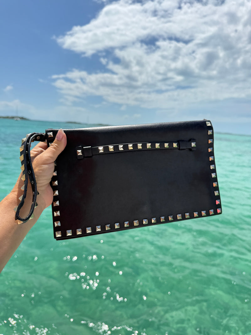 Valentino Garvanni Nappa Watercolor Rockstud Wristlet Clutch in Black Pre-Owned