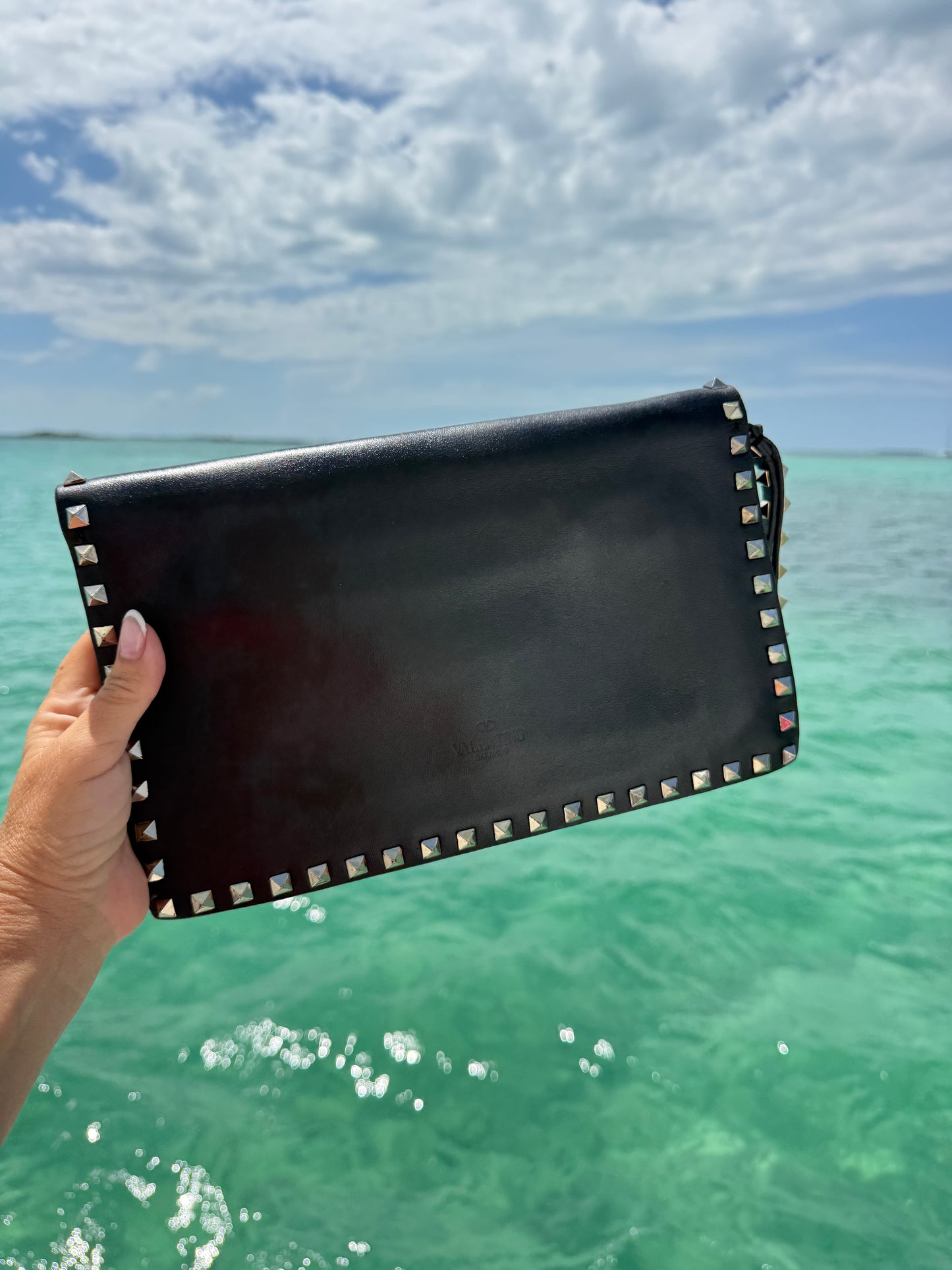 Valentino Garvanni Nappa Watercolor Rockstud Wristlet Clutch in Black Pre-Owned