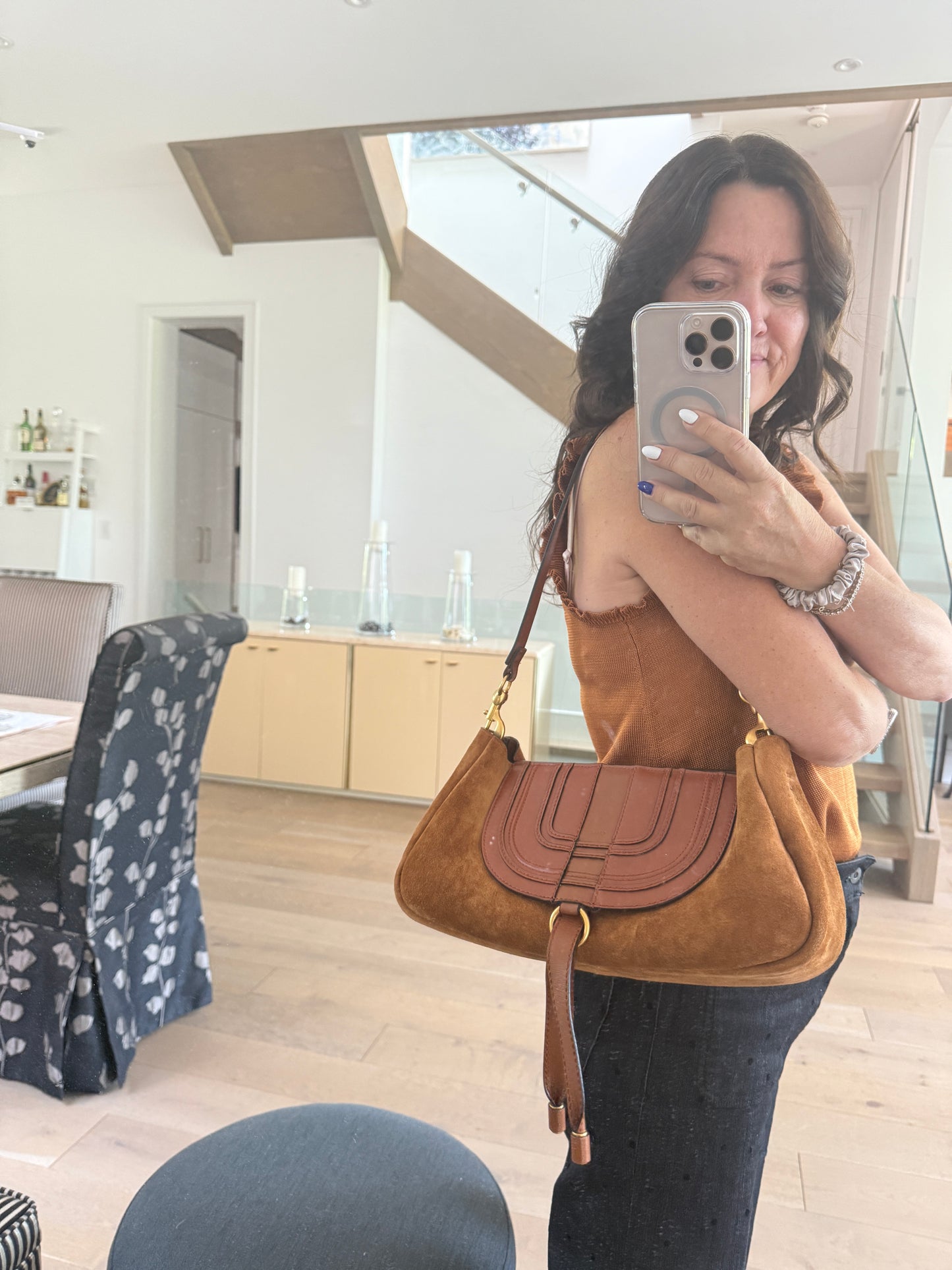 Chloe Marcie Brown Shoulder Bag with Suede and Leather
