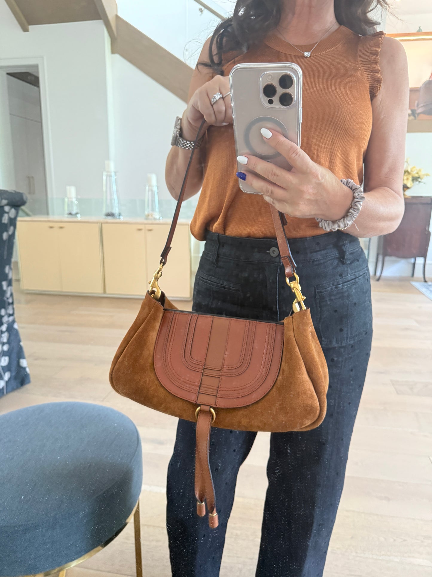 Chloe Marcie Brown Shoulder Bag with Suede and Leather