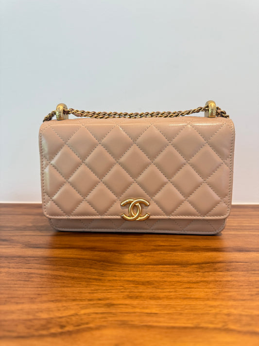 CHANEL Perfect Fit Wallet on Chain in Beige.