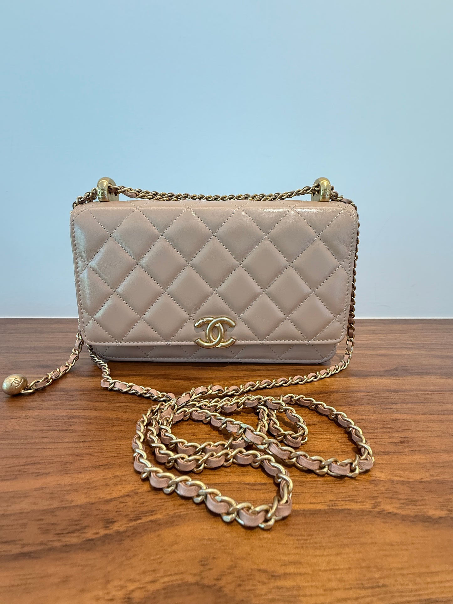CHANEL Perfect Fit Wallet on Chain in Beige.