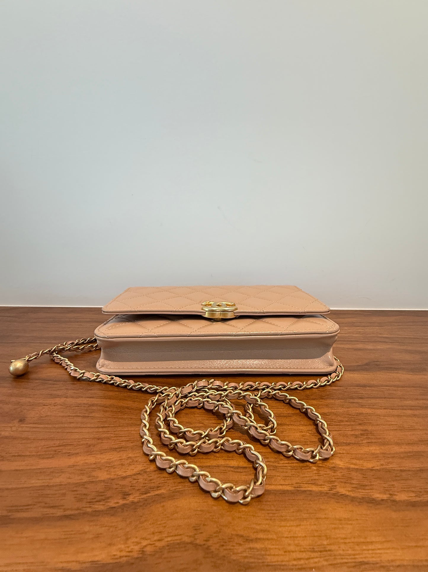 CHANEL Perfect Fit Wallet on Chain in Beige.