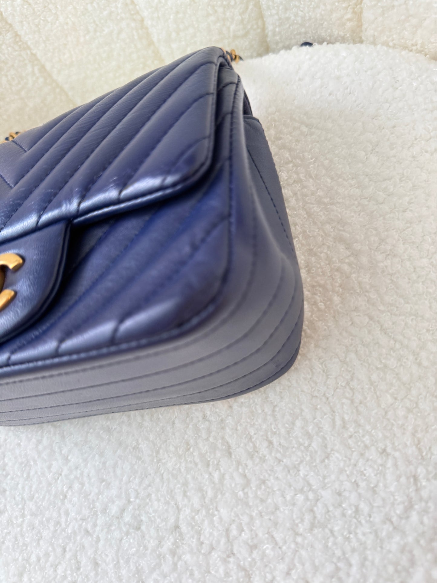 Chanel Lambskin Chevron Quilted Mini Square Flap Navy Blue