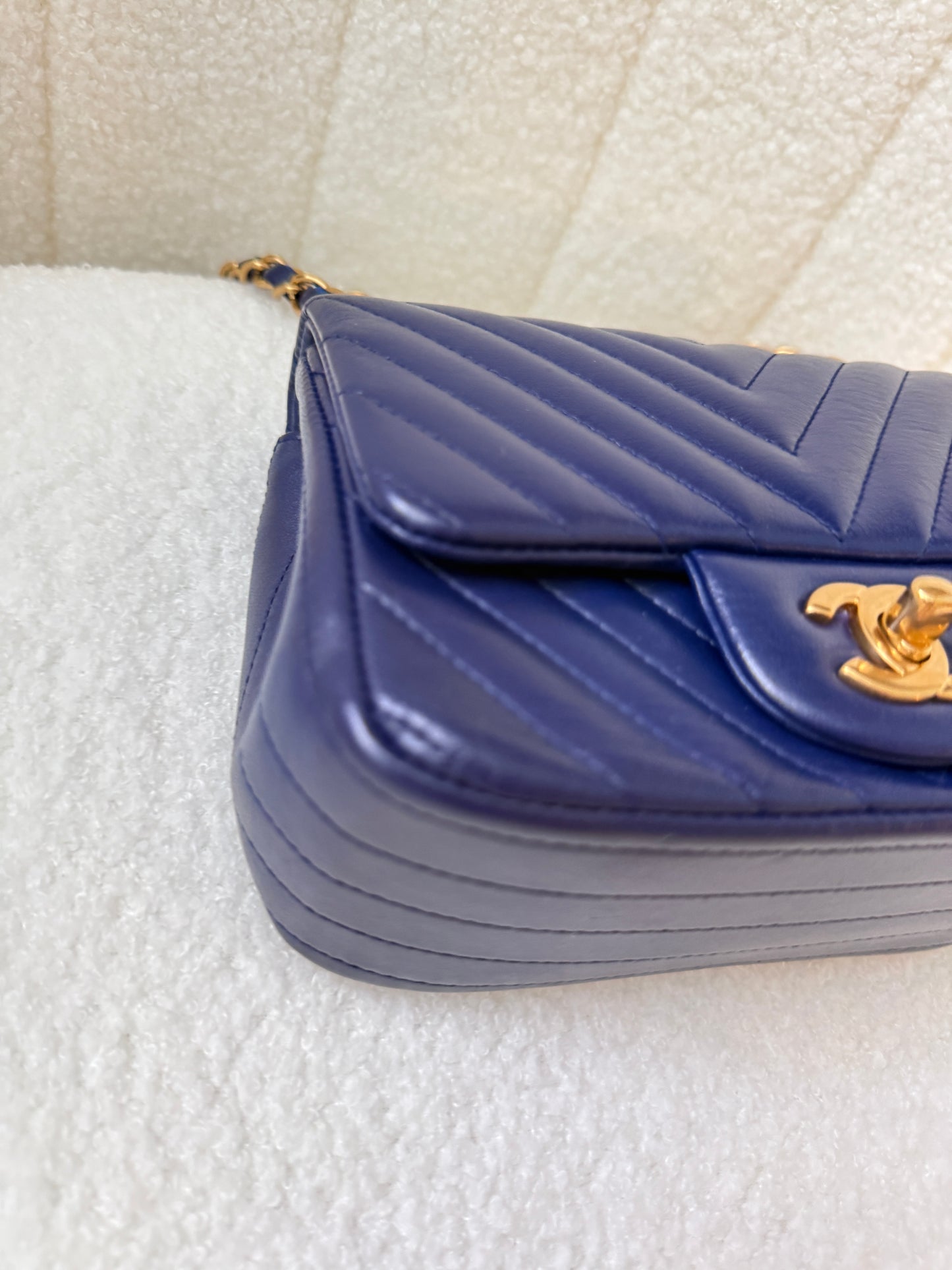 Chanel Lambskin Chevron Quilted Mini Square Flap Navy Blue