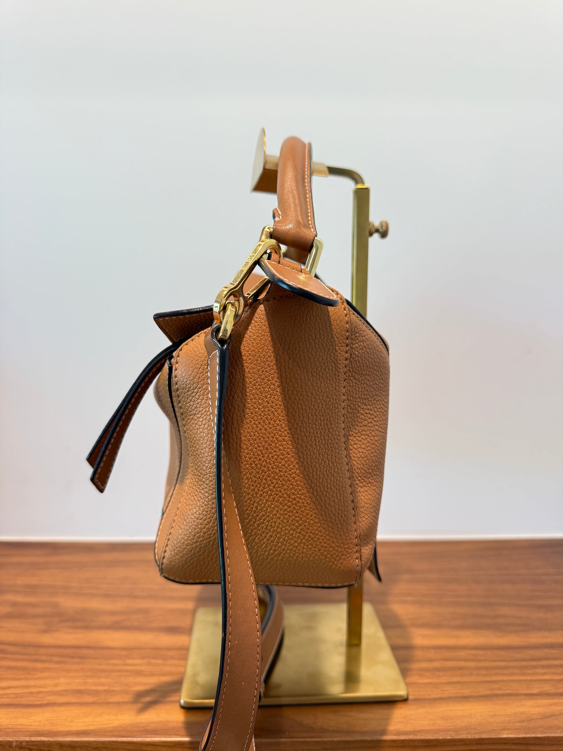 Loewe camel small puzzle bag side view used and for sale