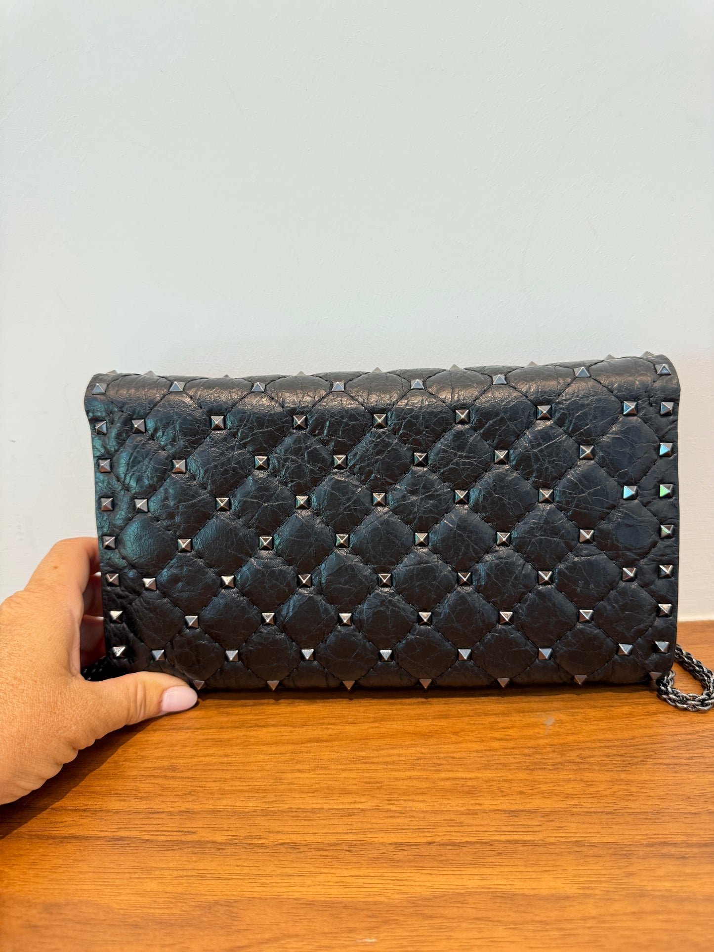 Valentino Garavani Lambskin Rockstud Spike Wallet on Chain Black Pre-Owned