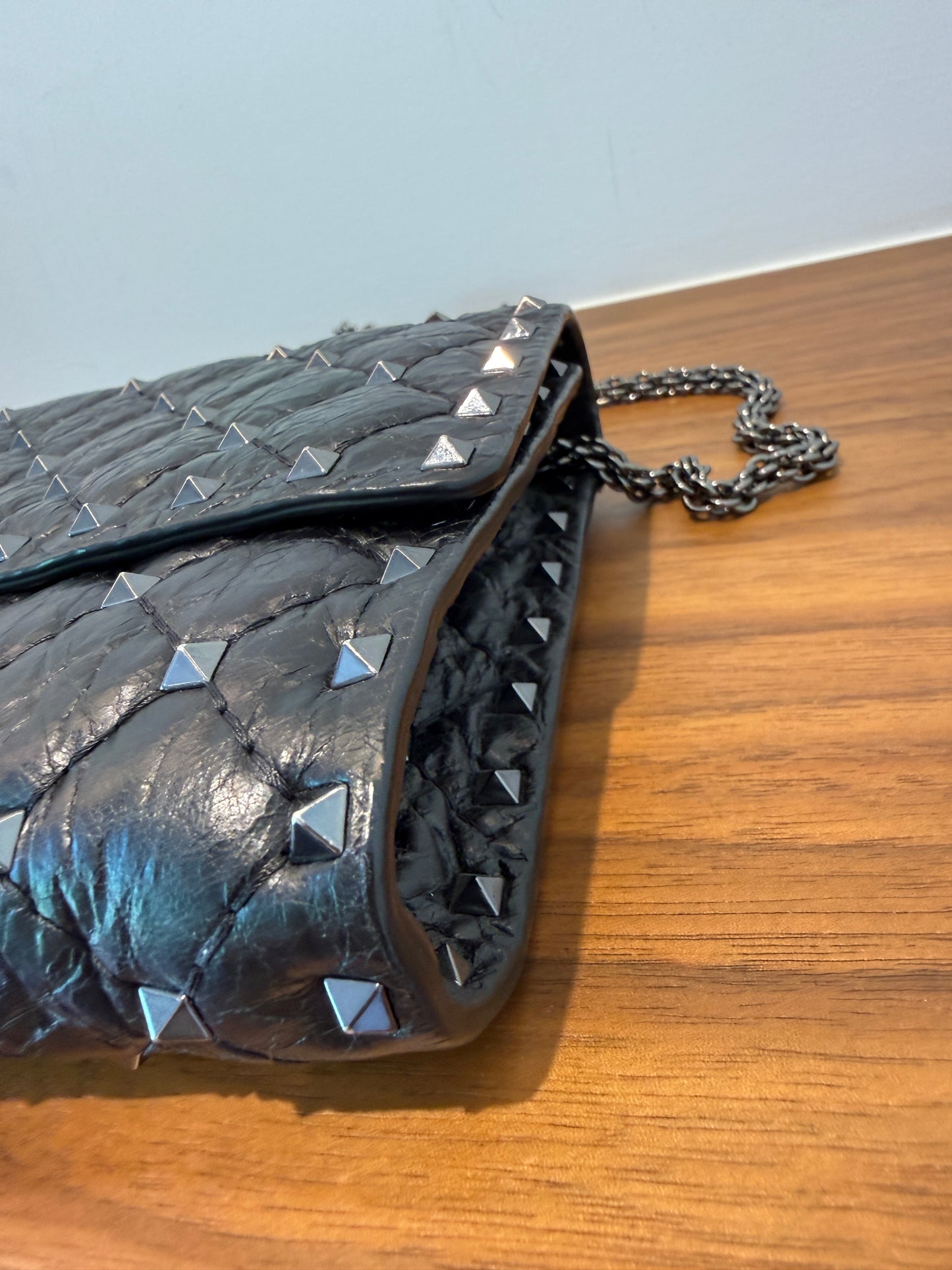 Valentino Garavani Lambskin Rockstud Spike Wallet on Chain Black Pre-Owned