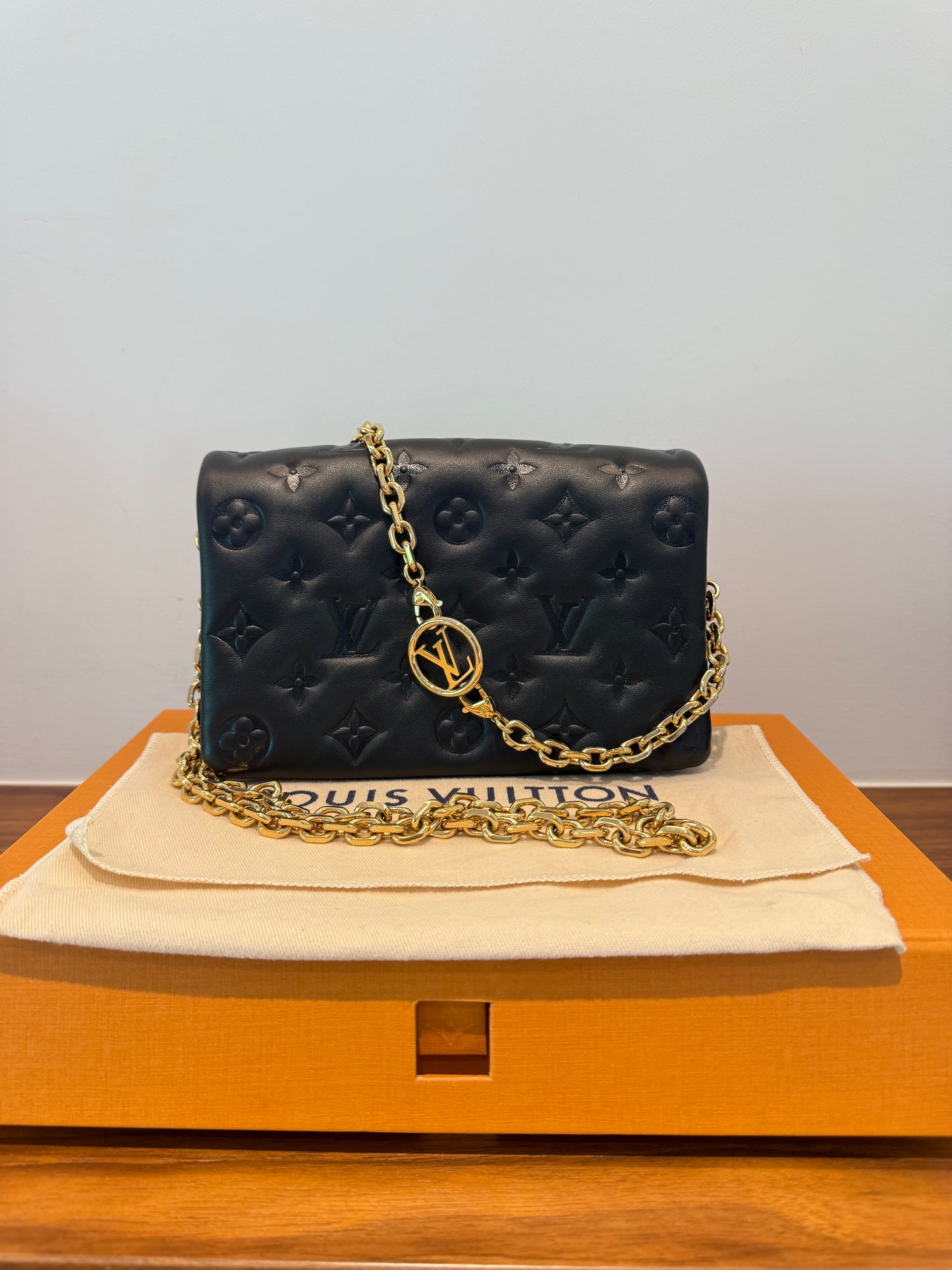 Louis Vuitton Lambskin Embossed Monogram Pochette Coussin Black Pre-Owned Full Set