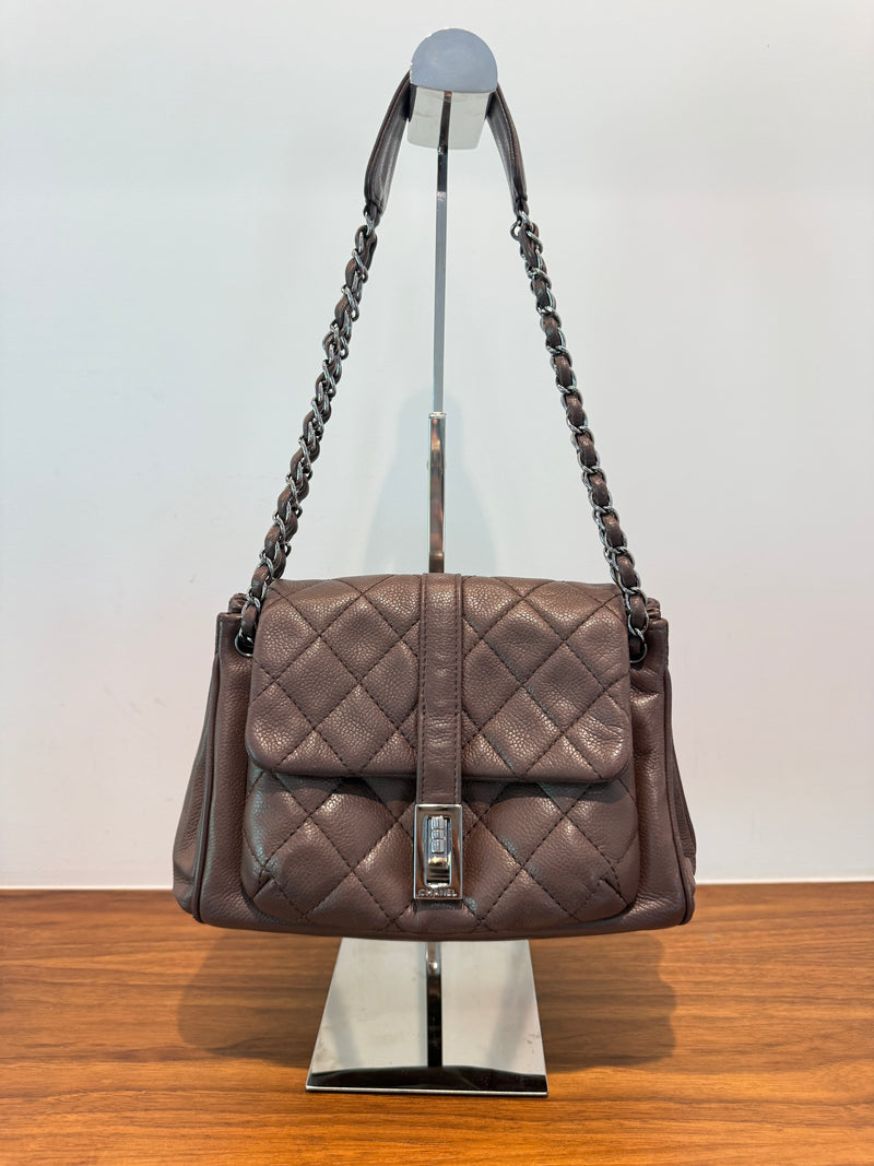 Chanel Vintage Mademoiselle Lock Accordian in Brown Caviar Leather