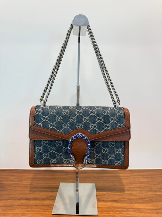 Gucci New Denim GG Monogram Dollar Calfskin Enamel Dionysus Shoulder Bag Blue Tea Cuir Epilog Electric Blue