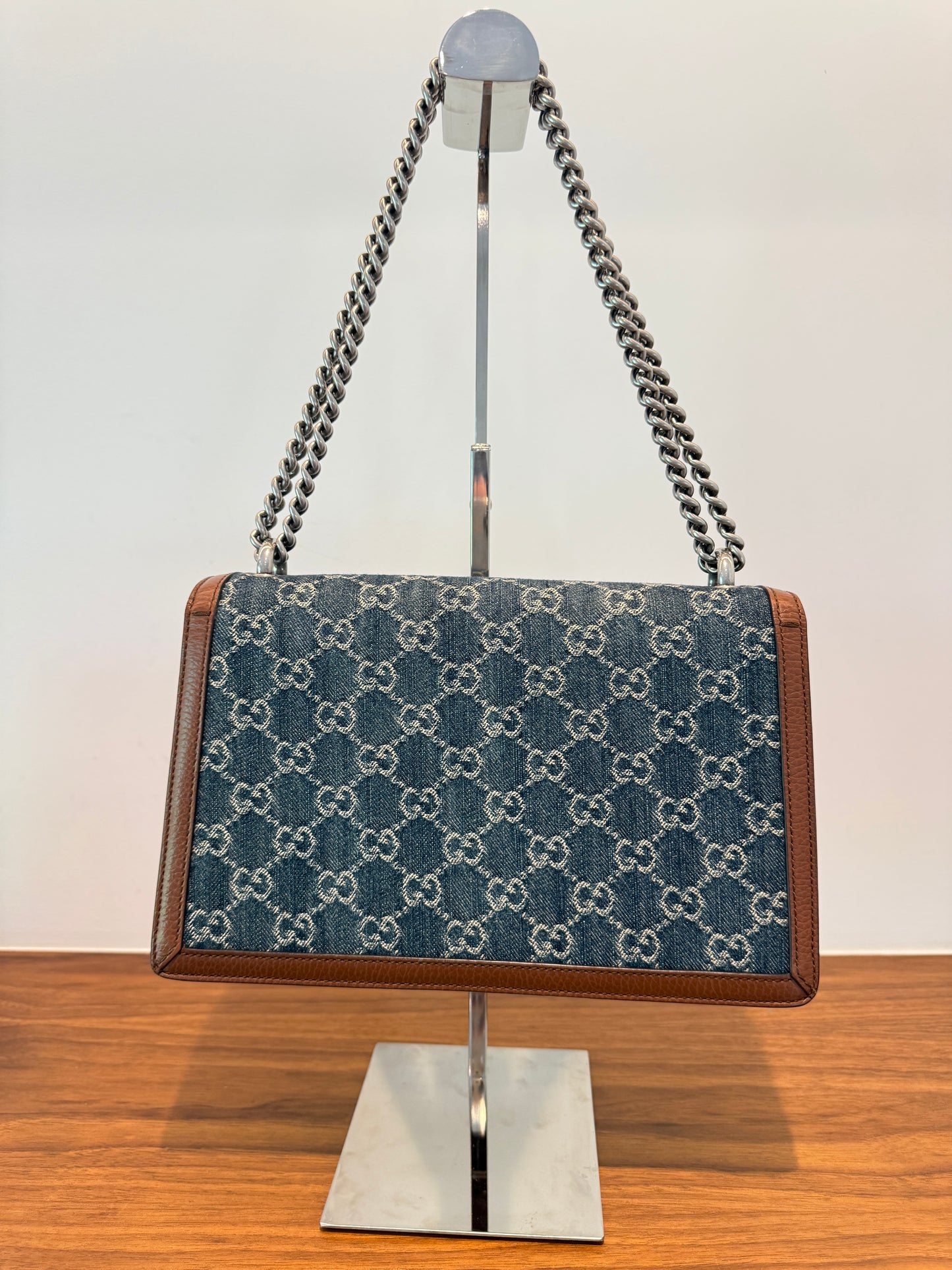 Gucci New Denim GG Monogram Dollar Calfskin Enamel Dionysus Shoulder Bag Blue Tea Cuir Epilog Electric Blue