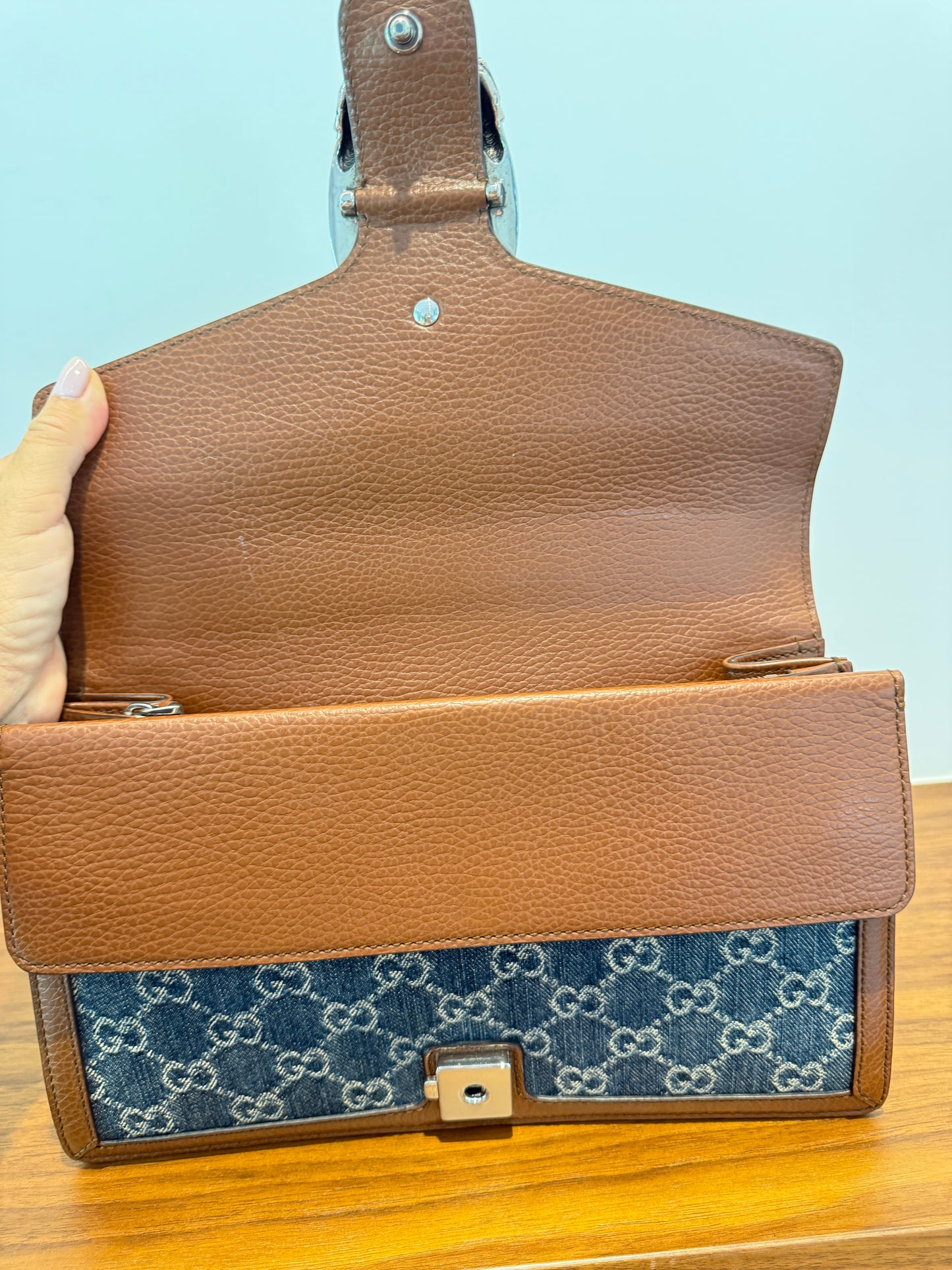 Gucci New Denim GG Monogram Dollar Calfskin Enamel Dionysus Shoulder Bag Blue Tea Cuir Epilog Electric Blue