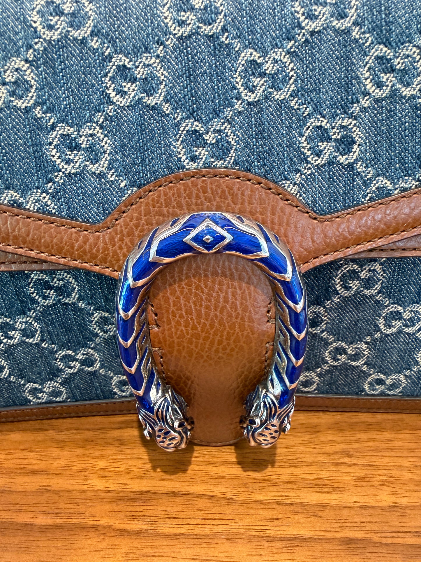 Gucci New Denim GG Monogram Dollar Calfskin Enamel Dionysus Shoulder Bag Blue Tea Cuir Epilog Electric Blue