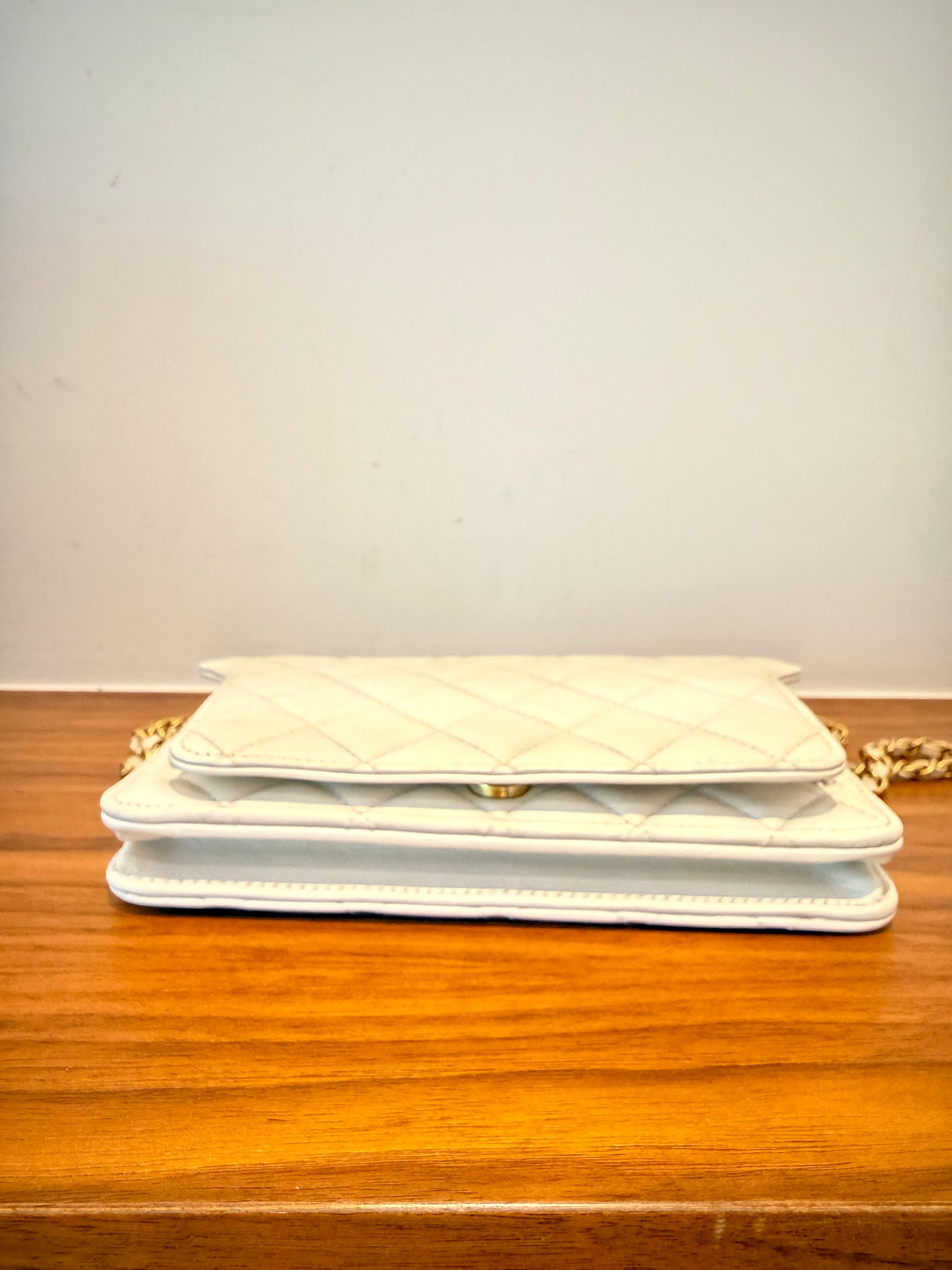 Chanel wallet on chain view of bottom of bag and front flap on the outside