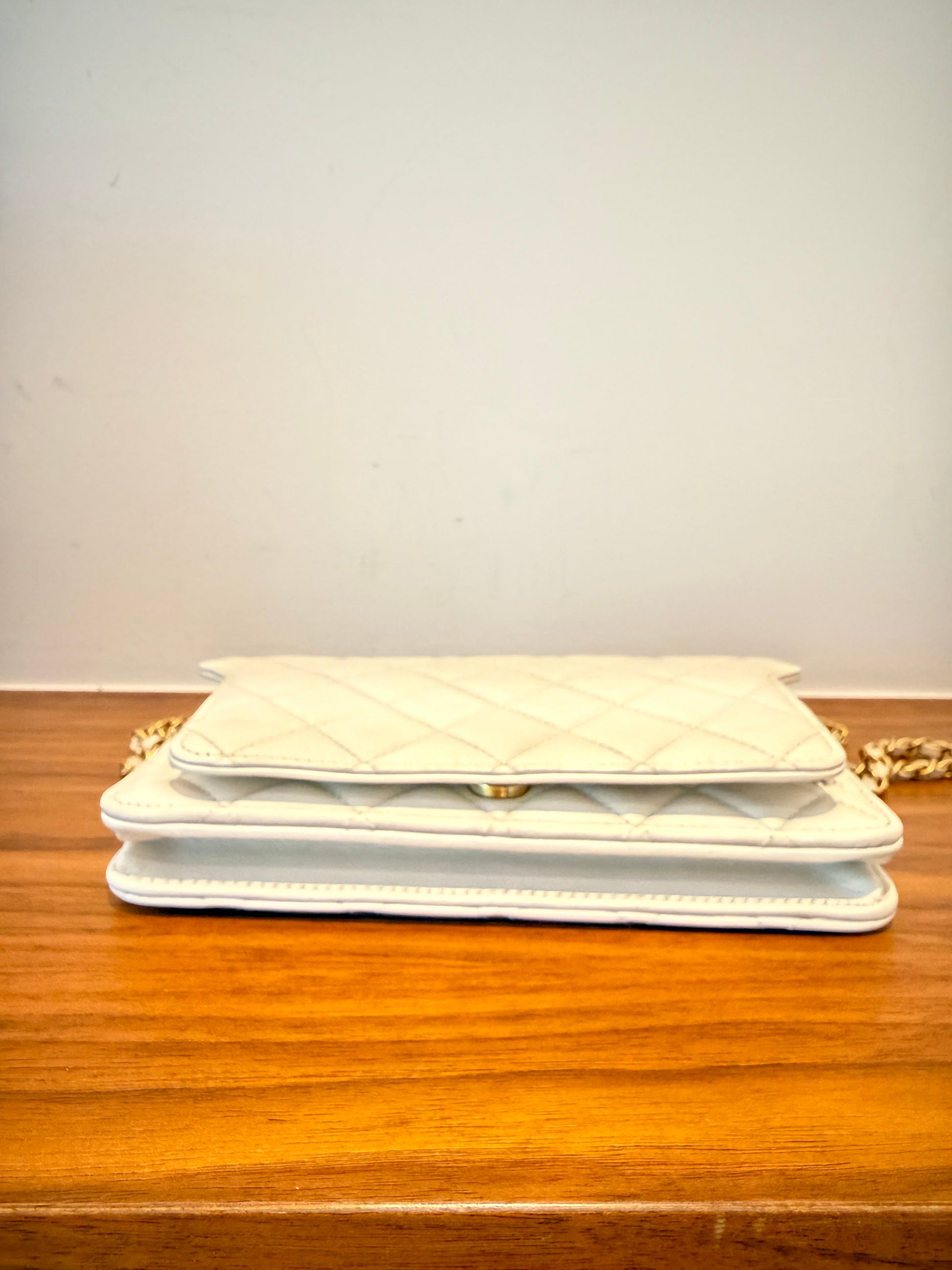 Chanel wallet on chain view of bottom of bag and front flap on the outside