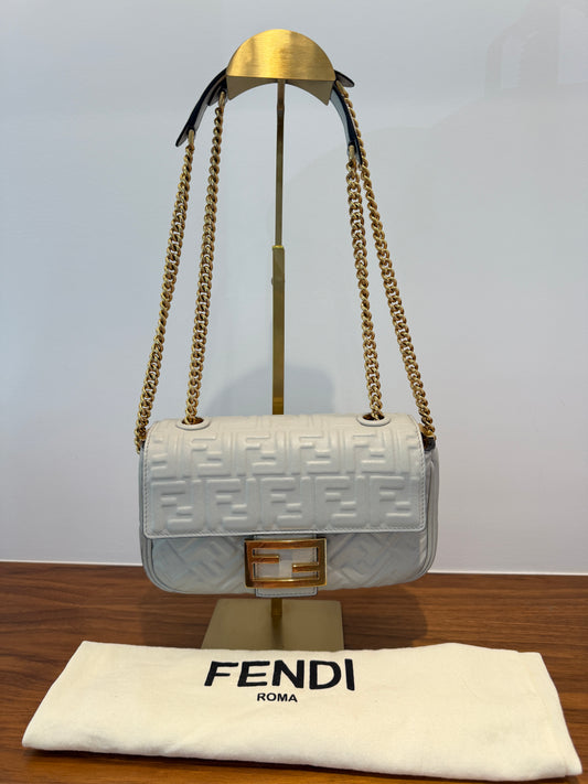 Fendi Midi Baguette In Grey Napa Leather with Gold Hardware
