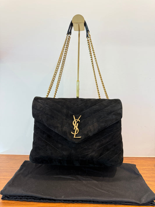 Saint Laurent Suede Quilted Monogram Medium Loulou Chain Satchel in Black Pre-Owned
