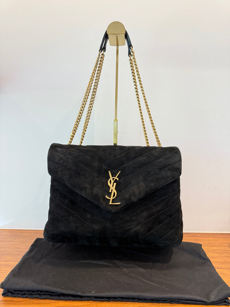 Saint Laurent Suede Quilted Monogram Medium Loulou Chain Satchel in Black Pre-Owned