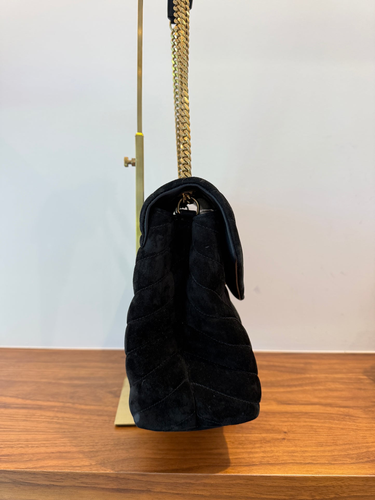 Saint Laurent Suede Quilted Monogram Medium Loulou Chain Satchel in Black Pre-Owned