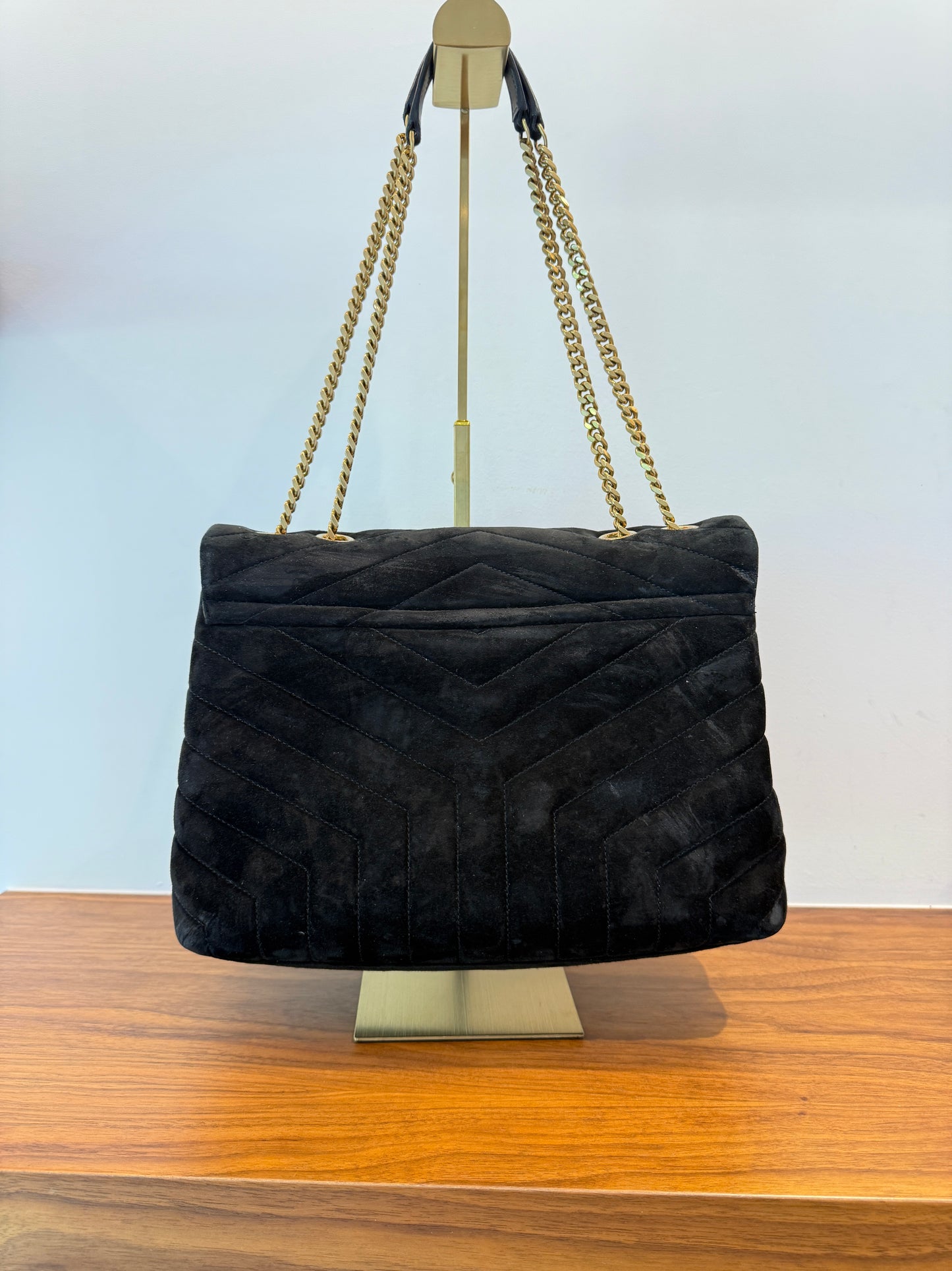 Saint Laurent Suede Quilted Monogram Medium Loulou Chain Satchel in Black Pre-Owned