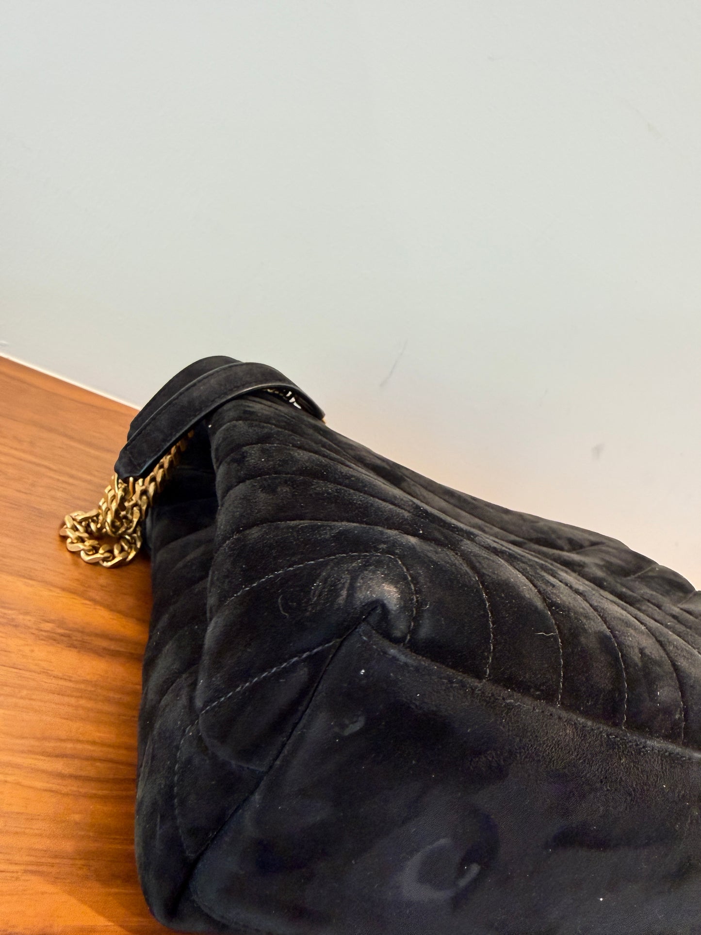 Saint Laurent Suede Quilted Monogram Medium Loulou Chain Satchel in Black Pre-Owned